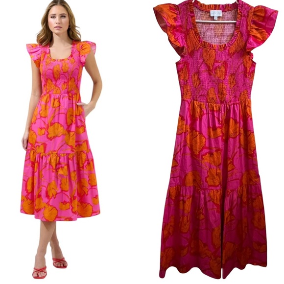 Sugarlips Dresses & Skirts - Sugarlips Passion Punch Giza Glare Smock Tiered Fuscia Floral Midi Dress SZ XS